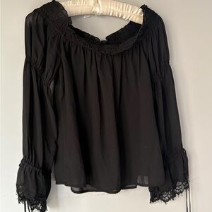 The Kooples Black Off-Shoulder Smocked Peasant Blouse with Lace Cuffs